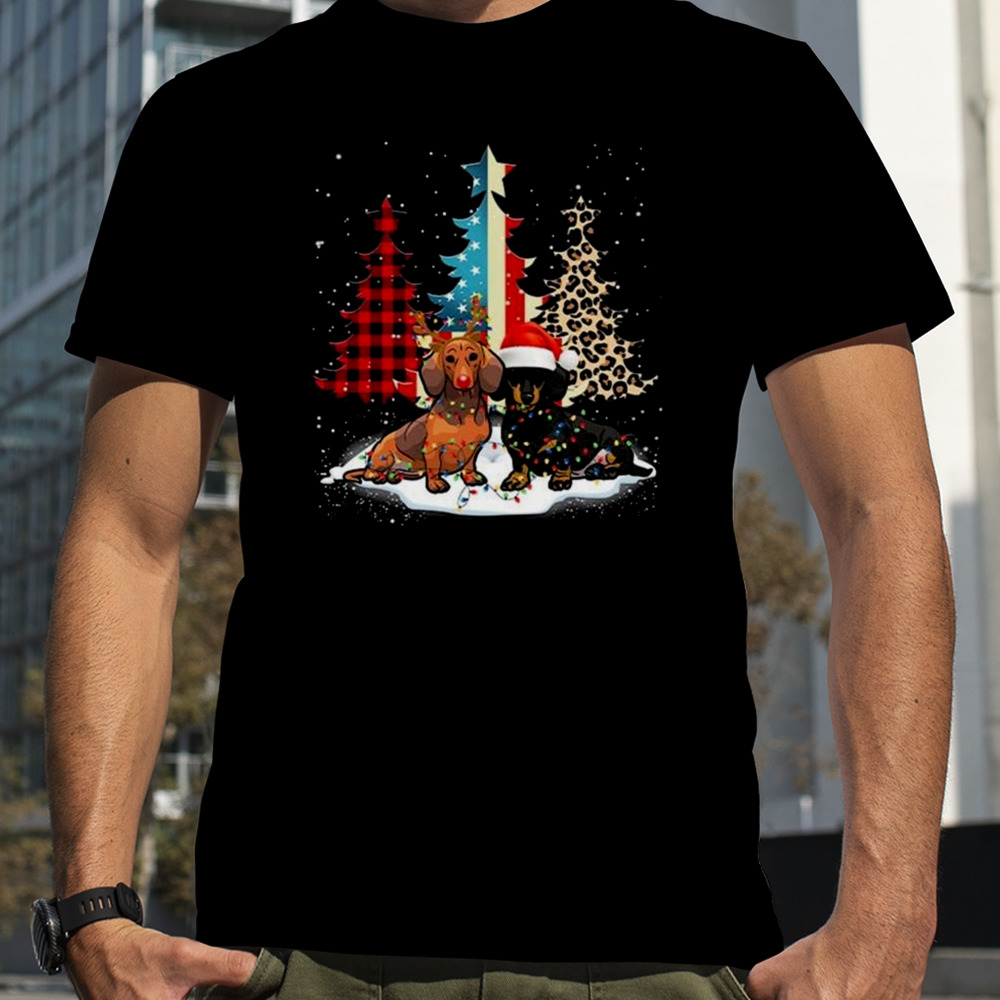 Dachshunds Standing Beside Xmas Trees American Flag Leopard And Plaid Trees Christmas 2023 T-shirt