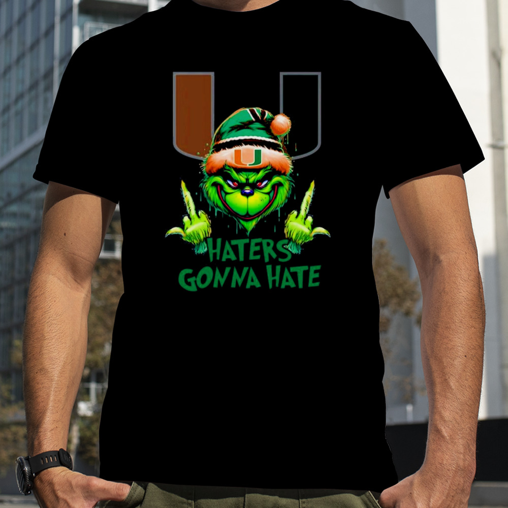 Miami Hurricanes Grinch Santa Middle finger haters gonna hate shirt