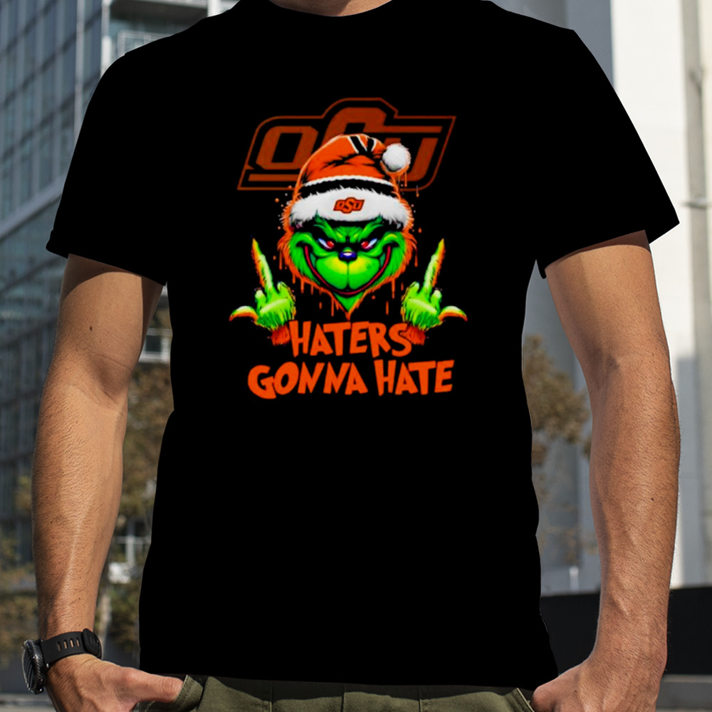 Oklahoma State Cowboys Grinch Santa Middle finger haters gonna hate shirt