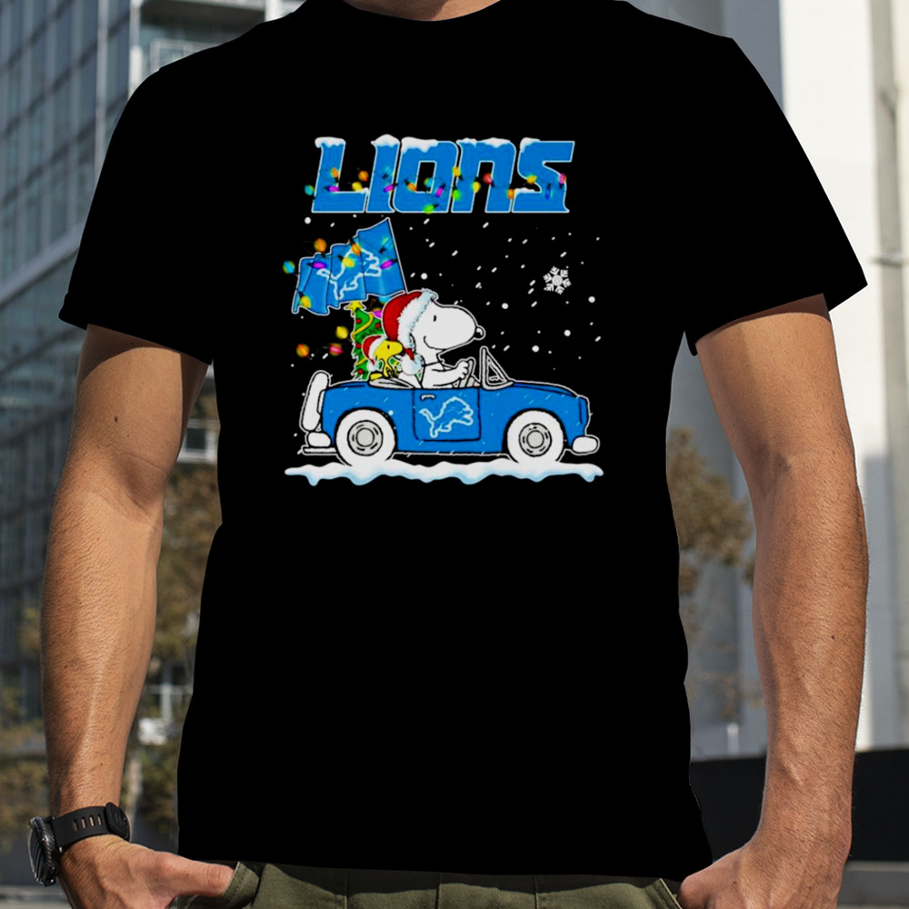 Snoopy and WoodStock Santa Detroit Lions Christmas lights shirt