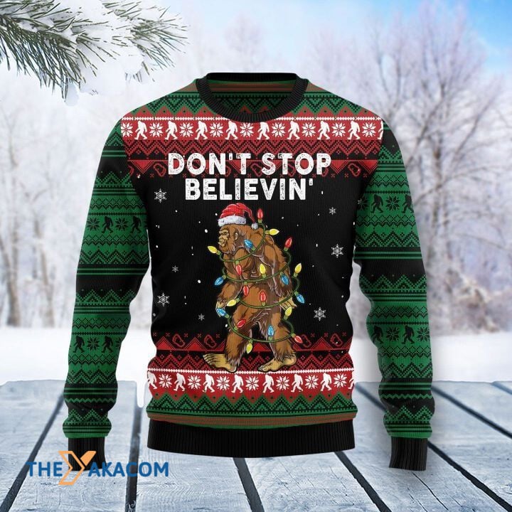 Bigfoot With Colorful Light Don't Stop Believin' Gift For Christmas Ugly Christmas Sweater