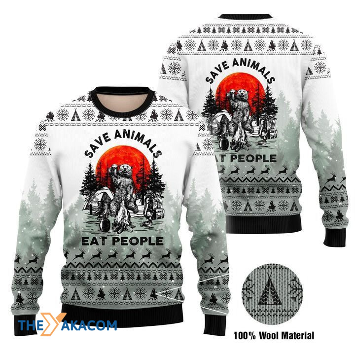 Black And White Bear Drink Beer With Red Sun Save Animals Eat People Gift For Christmas Ugly Christmas Sweater