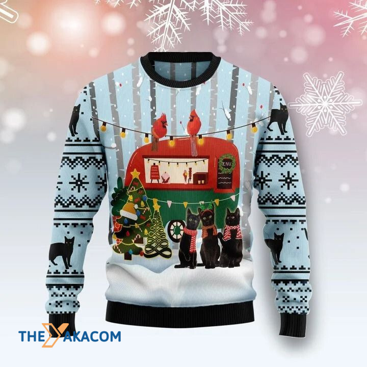 Black Cat Family With Ice Cream Bus Gift For Christmas Ugly Christmas Sweater