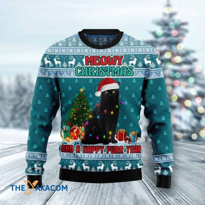 Black Cat With Colorful Light Meowy Christmas And A Happy Purr Year Gift For Christmas Ugly Christmas Sweater