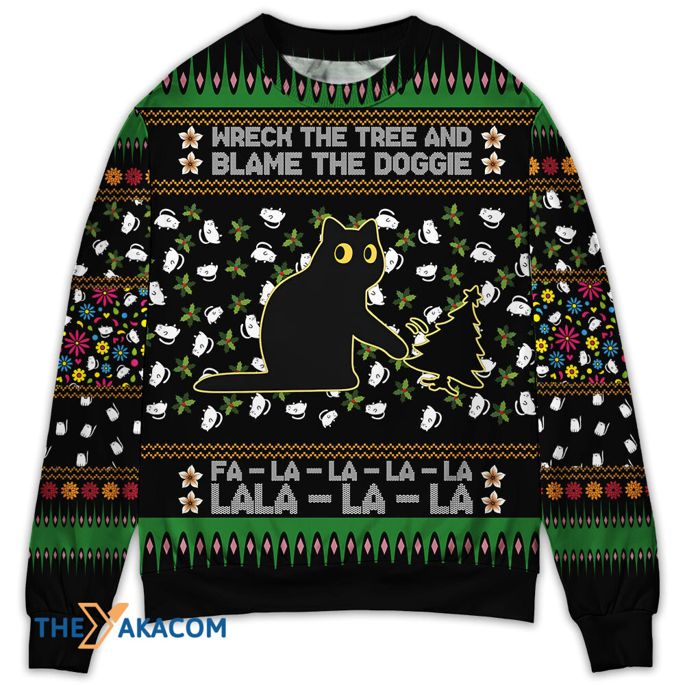 Black Cat Wreck The Tree And Blame The Doggie Merry Christmas Gift For Lover Ugly Christmas Sweater