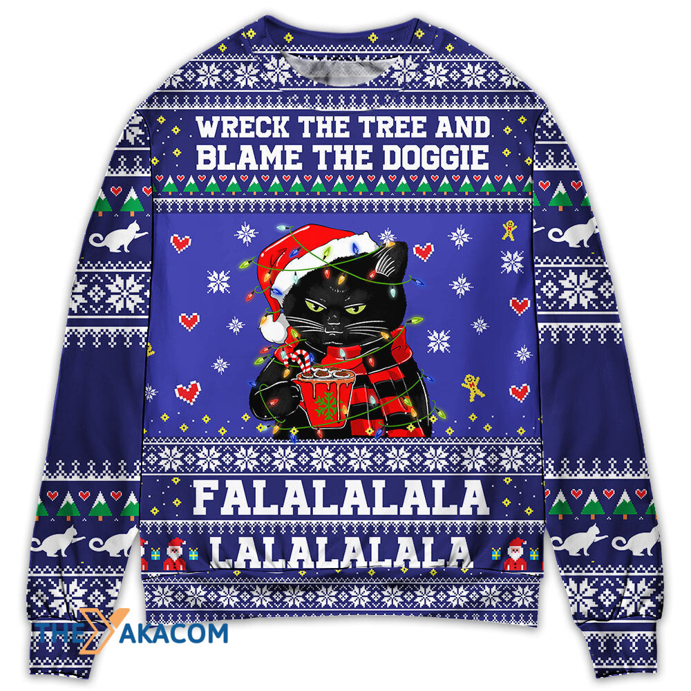 Black Cat Wreck The Tree And Blame The Doggies Gift For Lover Ugly Christmas Sweater