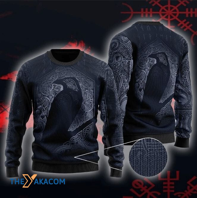 Black Viking Raven Pattern Gift For Christmas Ugly Christmas Sweater