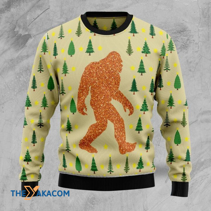 Bling Orange Bigfoot Walking In Pine Forest Gift For Christmas Ugly Christmas Sweater