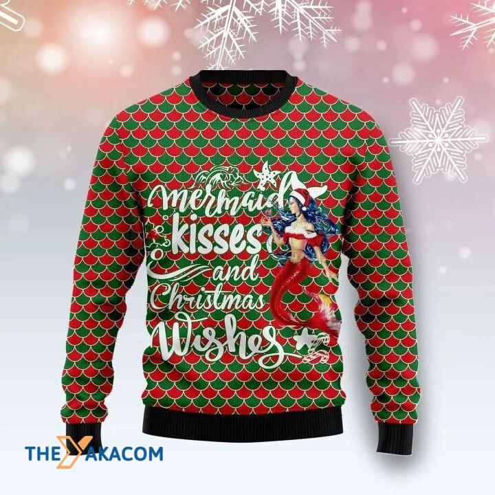 Blue And Red Mermaid Kisses And Christmas Wishes Gift For Christmas Ugly Christmas Sweater