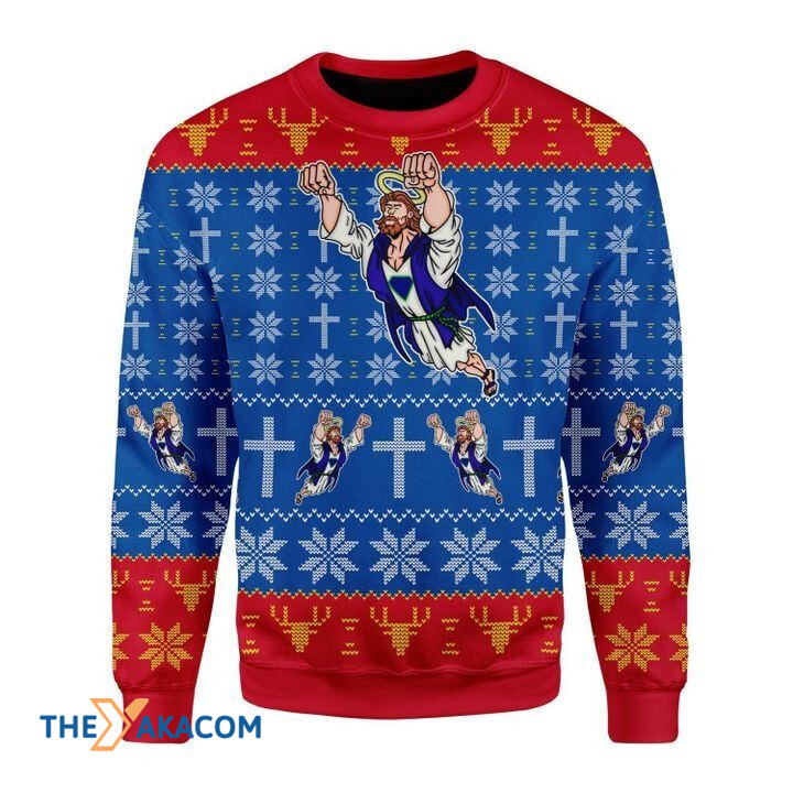 Blue And Red Super God Jesus Gift For Christmas Ugly Christmas Sweater