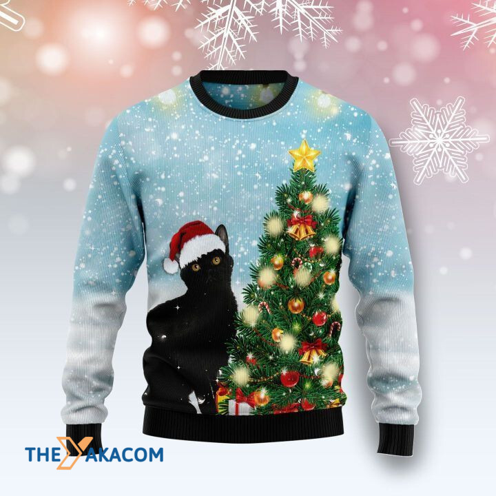 Blue Background With Black Cat Next To Christmas Tree Gift For Christmas Ugly Christmas Sweater