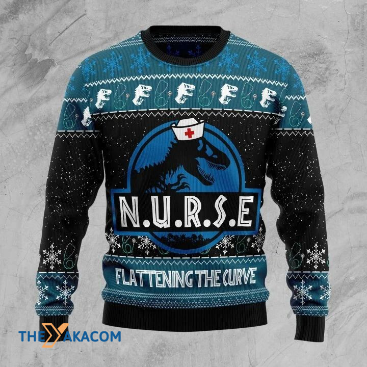 Blue Dinosaur Nurse Flattening The Curve Gift For Christmas Ugly Christmas Sweater