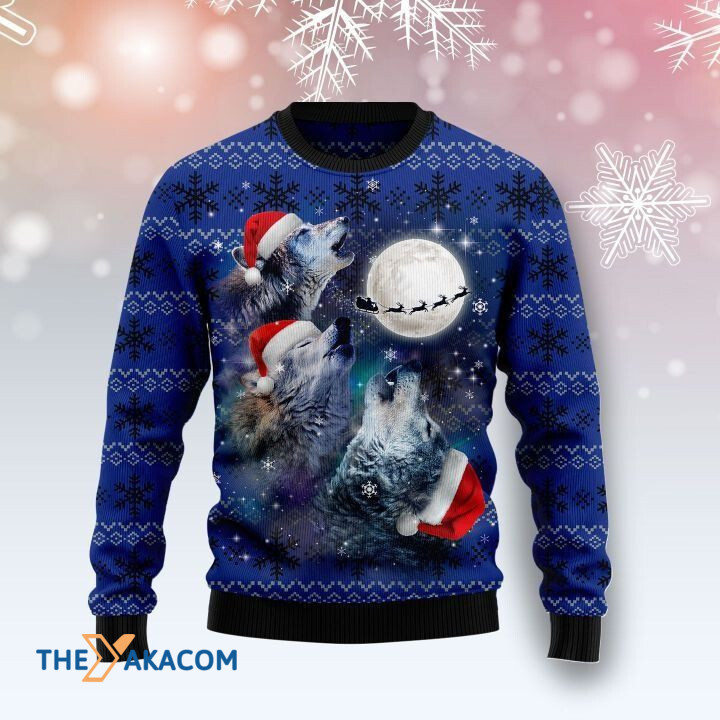 Blue Wolf Howling Under The Moon Gift For Christmas Ugly Christmas Sweater