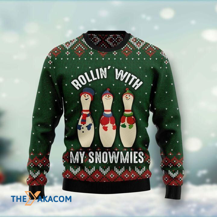 Bowling Rollin' With My Snowmies Gift For Christmas Ugly Christmas Sweater