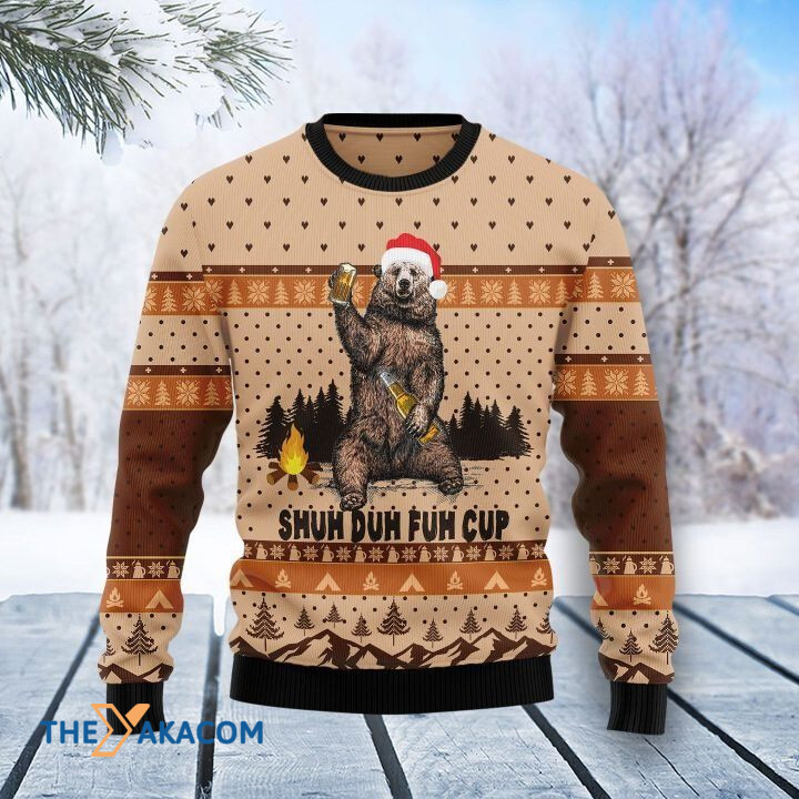 Brown Bear Drinking Beer Camping Shuh Duh Fuh Cup Gift For Christmas Ugly Christmas Sweater