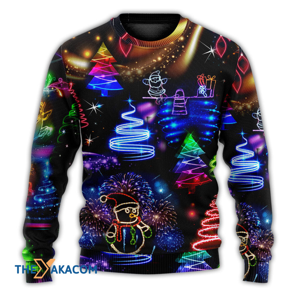 Christmas Neon Art Santa And Snowman Gift For Lover Ugly Christmas Sweater