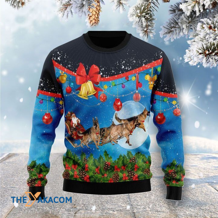 German Shepherd Dog Family Sleigh Santa Claus To Blue Sky Gift For Christmas Ugly Christmas Sweater