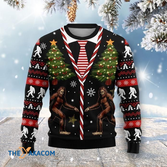 Gile Pattern With Christmas Tree And Bigfoot Gift For Christmas Ugly Christmas Sweater