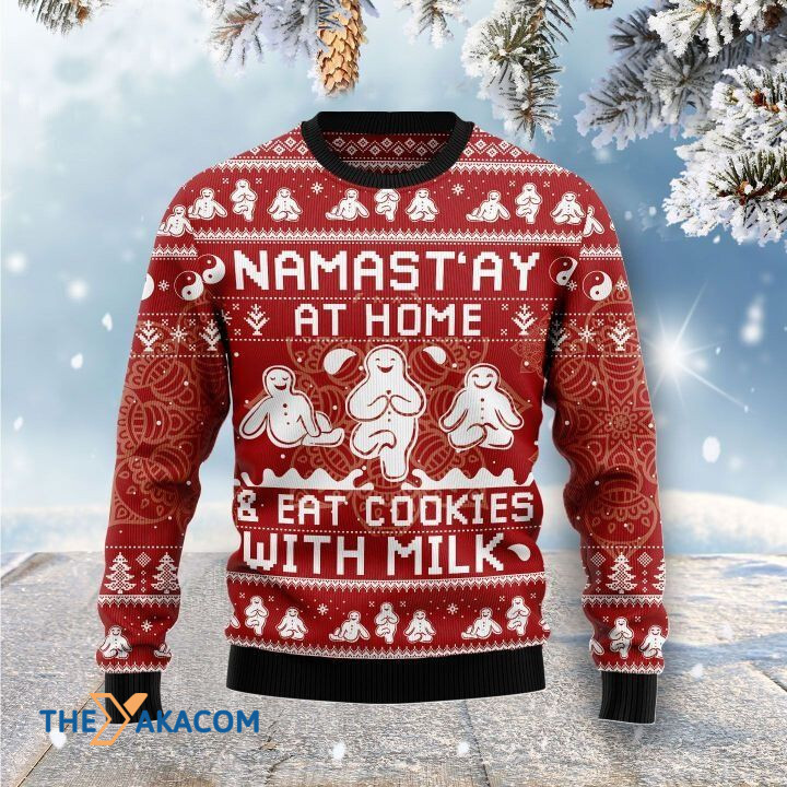 Gingerbread Namast'ay And Eat Cookies With Milk Gift For Christmas Ugly Christmas Sweater