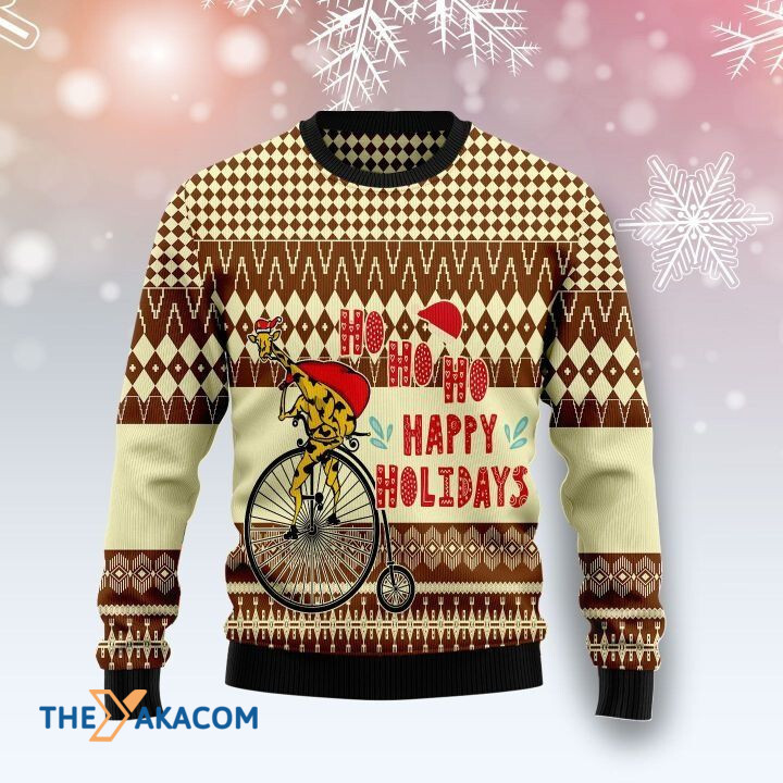 Giraffe Riding Bike Ho Ho Ho Happy Holidays Gift For Christmas Ugly Christmas Sweater