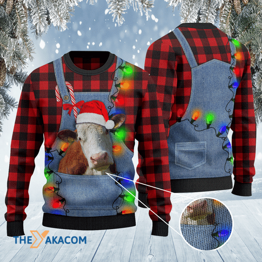 Hereford Cattle Lovers Red Plaid Shirt And Denim Bib Overalls Awesome Gift For Christmas Ugly Christmas Sweater