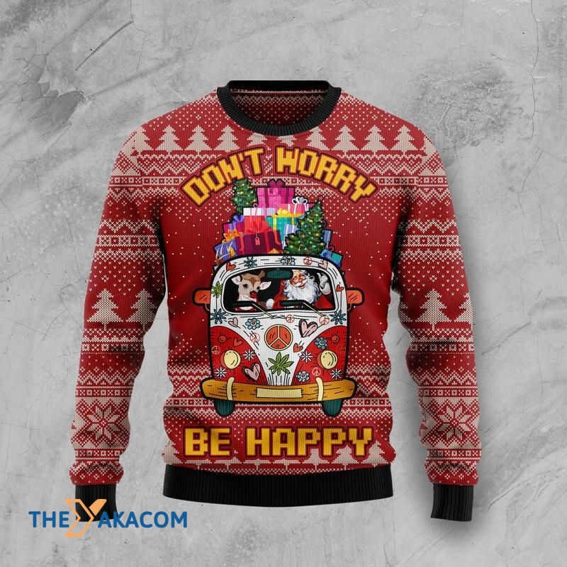 Hippie Car Don't Worry Be Happy Awesome Gift For Christmas Ugly Christmas Sweater