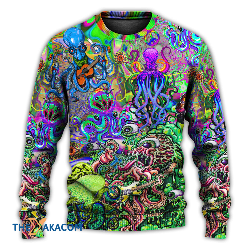 Hippie Funny Octopus Love Music Colorful Ocean Gift For Lover Ugly Christmas Sweater