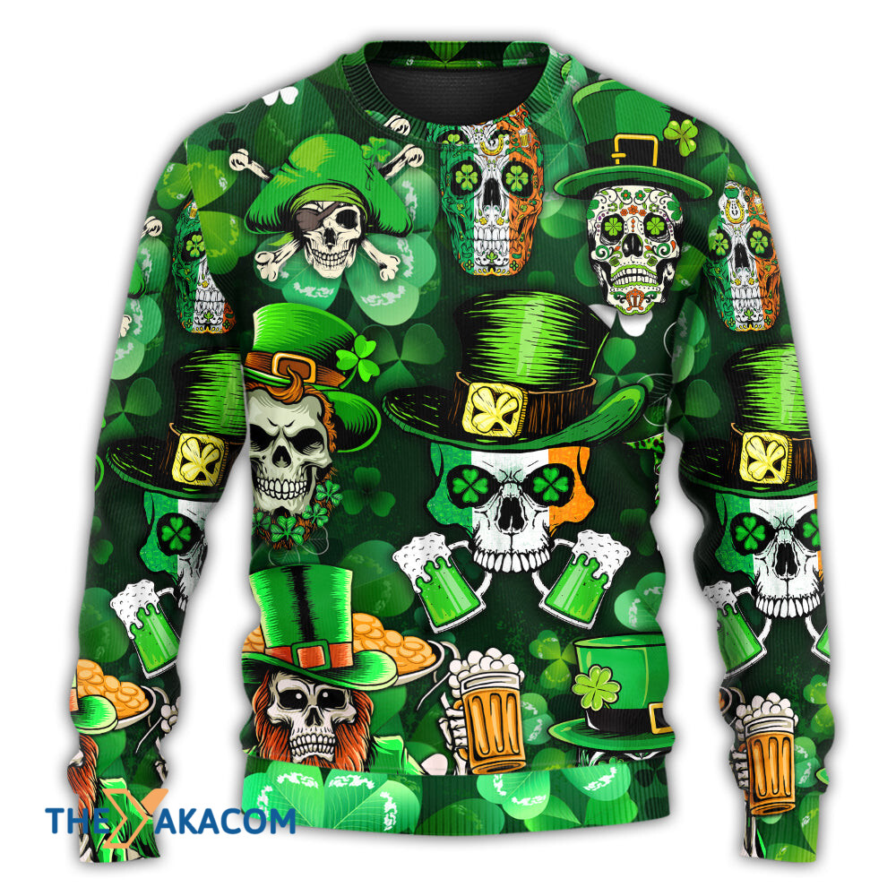 Irish Skull St Patrick's Day Green Light Gift For Lover Ugly Christmas Sweater