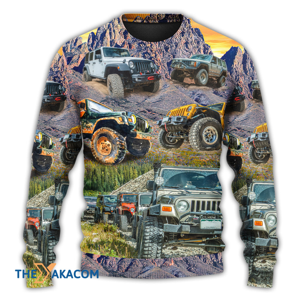 Jeep In The Mountain Sunset Vintage Art Style Gift For Lover Ugly Christmas Sweater