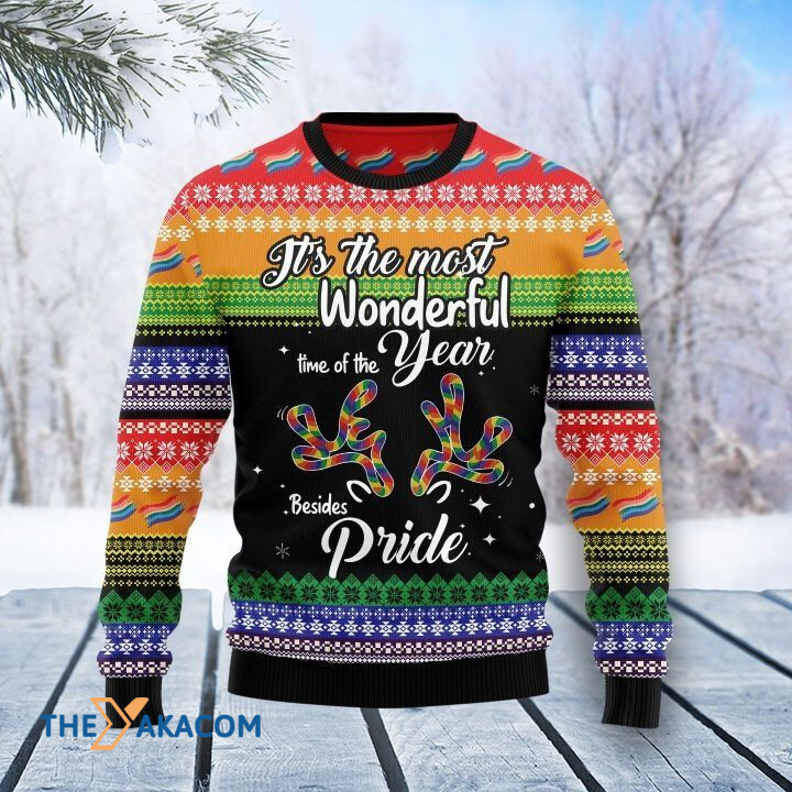 LGBT Flag With Rainbow Ribbon It's The Most Wonderful Time Of The Year Beside Pride Gift For Christmas Ugly Christmas Sweater