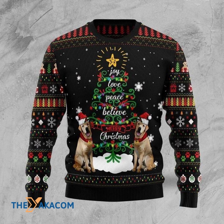 Labrador Retriever Dog With Christmas Tree Joy Love Peace Believe Merry Christmas Gift For Christmas Ugly Christmas Sweater