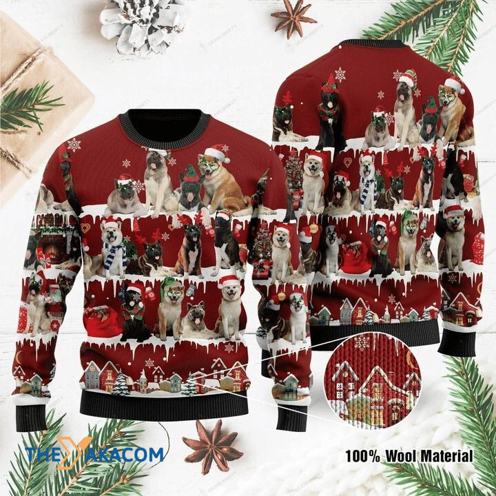 Lovely Akita Dog Family In Winter Gift For Christmas Ugly Christmas Sweater