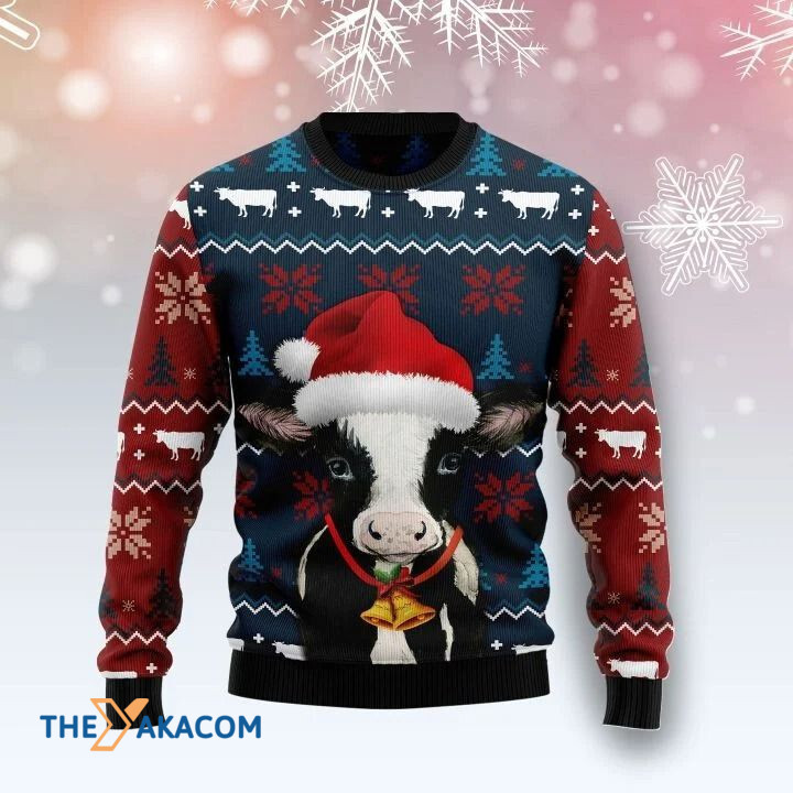 Lovely Black And White Cow With Golden Bell Gift For Christmas Ugly Christmas Sweater