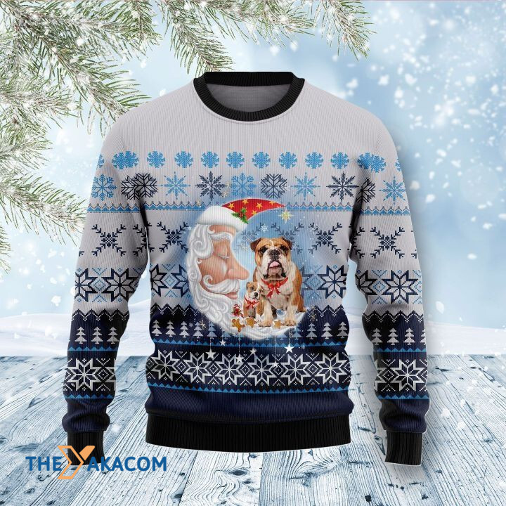 Lovely Bulldog Family With Santa Claus Moon Gift For Christmas Ugly Christmas Sweater