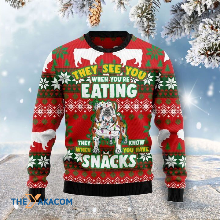 Lovely Bulldog With Colorful Light They See You When You're Eating Gift For Christmas Ugly Christmas Sweater