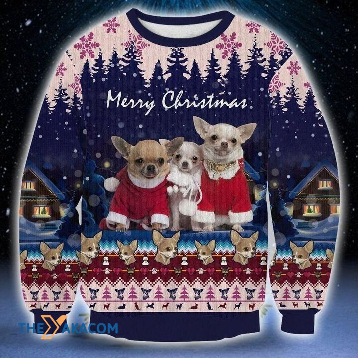 Lovely Chihuahua Family In Night Winter Gift For Christmas Ugly Christmas Sweater