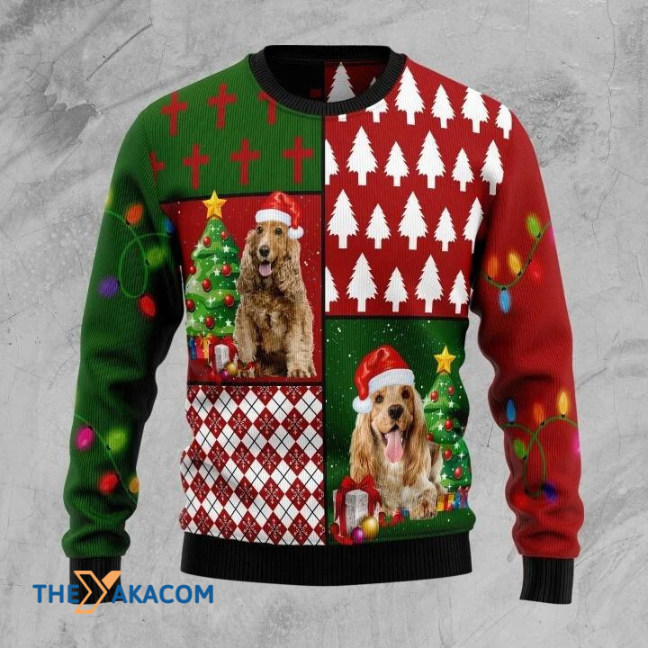 Lovely Cocker Spaniel Dog Next To Christmas Tree Gift For Christmas Ugly Christmas Sweater