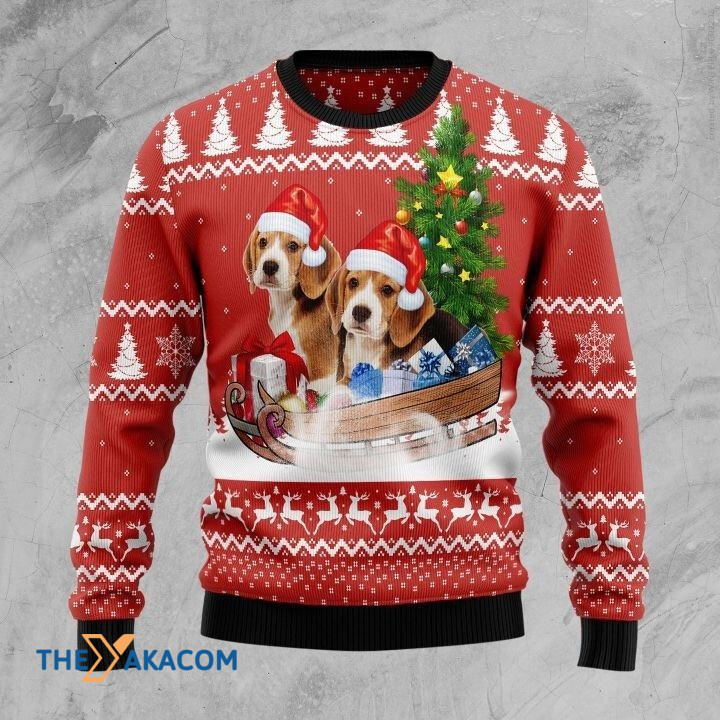 Lovely Couple Brown Beagle Dog On Sleigh In Winter Gift For Christmas Ugly Christmas Sweater