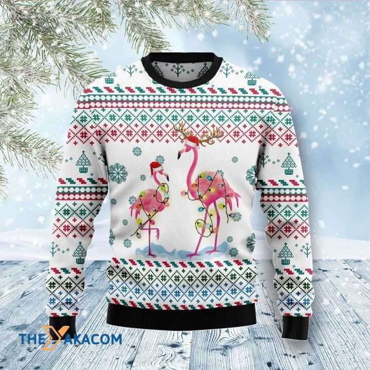 Lovely Couple Flamingo With Colorful Light Gift For Christmas Ugly Christmas Sweater