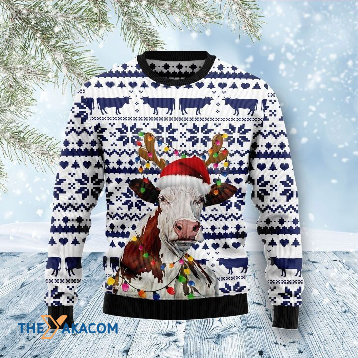 Lovely Cow With Deerborn And Colorful Light Gift For Christmas Ugly Christmas Sweater