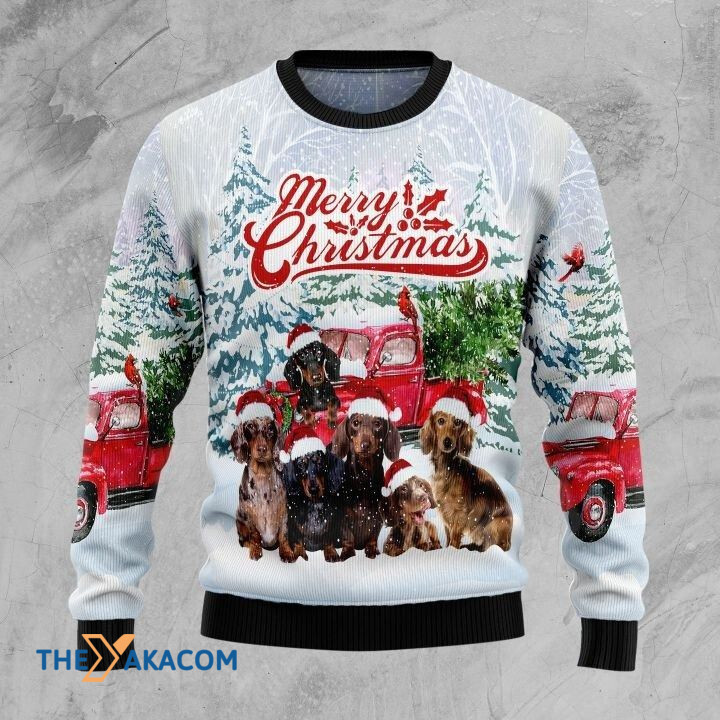 Lovely Dachshund Dog Family In Snow Merry Christmas Gift For Christmas Ugly Christmas Sweater