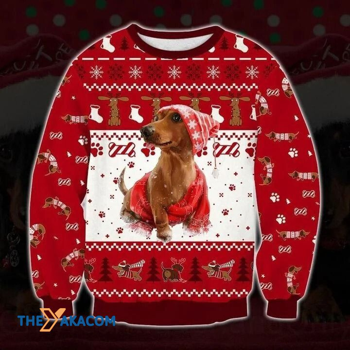 Lovely Dachshund Wear Christmas Hat Gift For Christmas Ugly Christmas Sweater