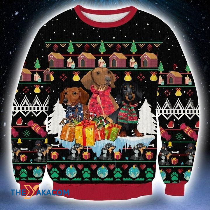 Lovely Dachshund With Chirstmas Pattern And Christmas Box Gift For Christmas Ugly Christmas Sweater