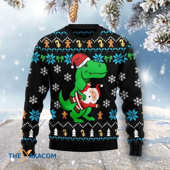 Lovely Dinosaur Kidnap Santa Claus Gift For Christmas Ugly Christmas Sweater