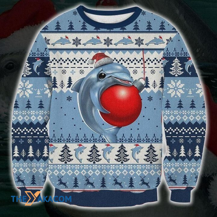 Lovely Dolphin With Red Ball Gift For Christmas Ugly Christmas Sweater