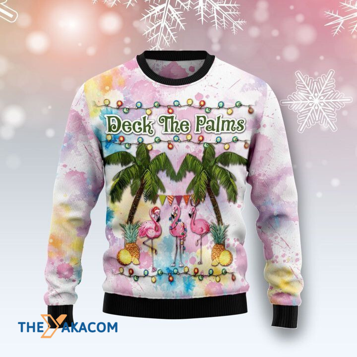 Lovely Flamingo Deck The Palms Gift For Christmas Ugly Christmas Sweater