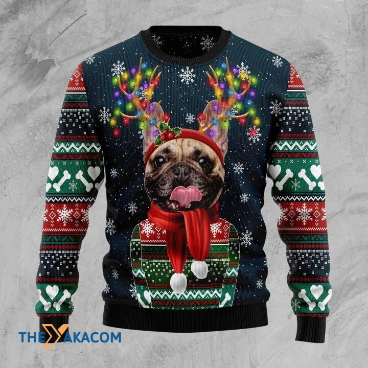 Lovely French Bulldog With Colorful Light Deerborn Gift For Christmas Ugly Christmas Sweater