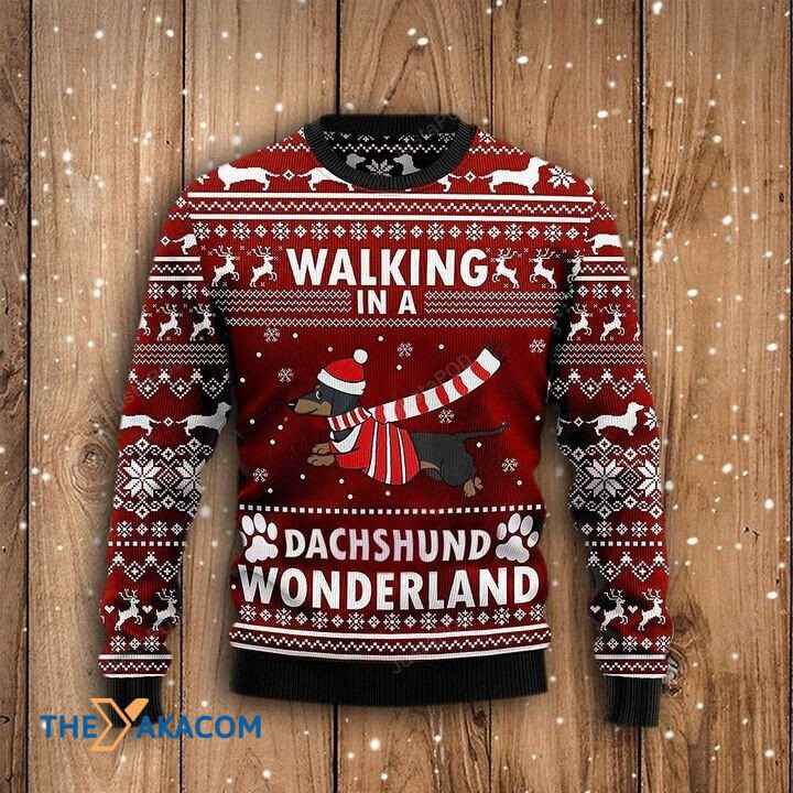 Lovely Funny Dog Walking In A Dachshund Wonderland Gift For Christmas Ugly Christmas Sweater