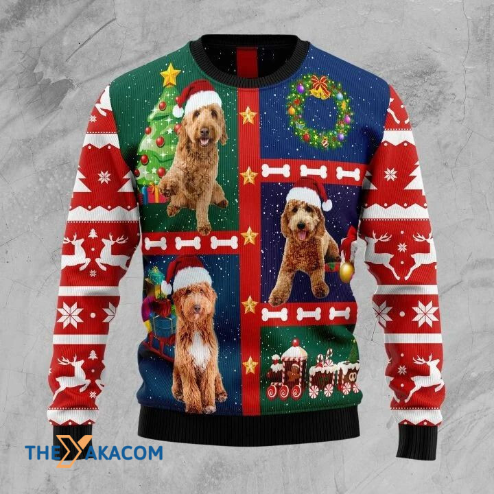 Lovely Goldendoodle Dog In Three Positions And Crown Gift For Christmas Ugly Christmas Sweater