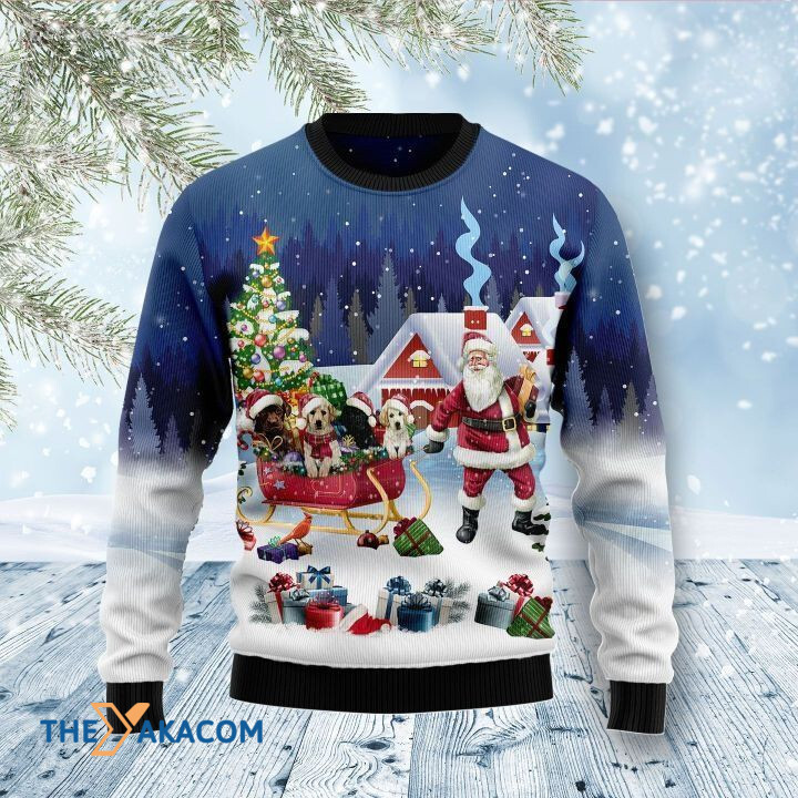 Lovely Labrador Retriever Dog Family In Sleigh With Santa Claus Gift For Christmas Ugly Christmas Sweater